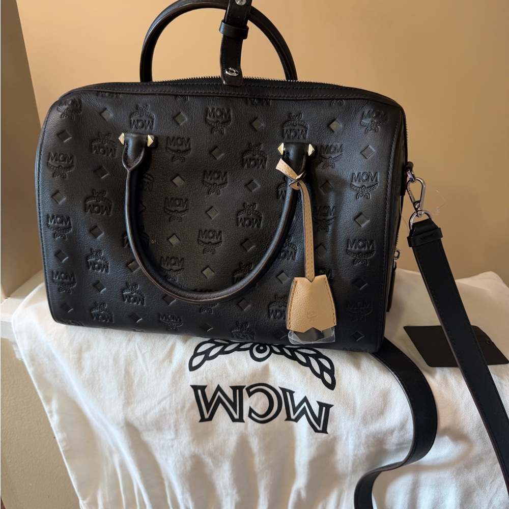 MCM Black Embossed Visetos Tote with Tan Leather Tag